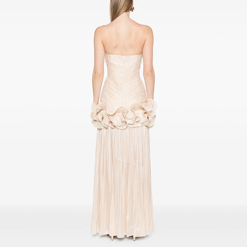 QMANSHA Champagnerfarbenes, plissiertes Chiffon-Abendkleid, trägerloses, gerafftes Oberteil, 3D-Rüschen an der Taille, hoher Schlitz, bodenlanges Abendkleid – Detail 6