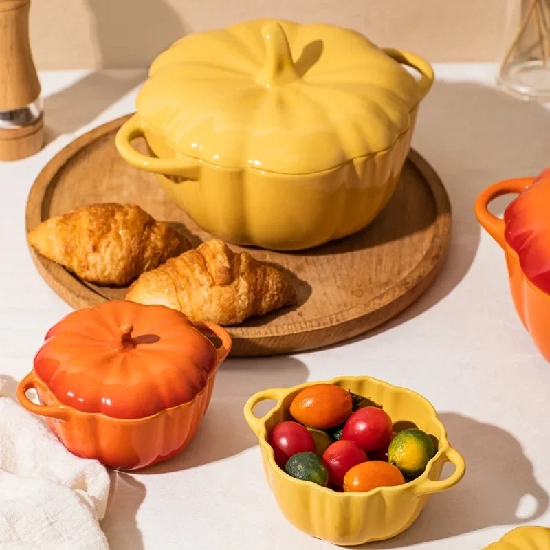 Creative Pumpkin Shape Soup Bowl Ceramic Bird's Nest Steamed Egg Stew Cup Covered with Double-ear Noodles Bowl Home Kitchen Bowl