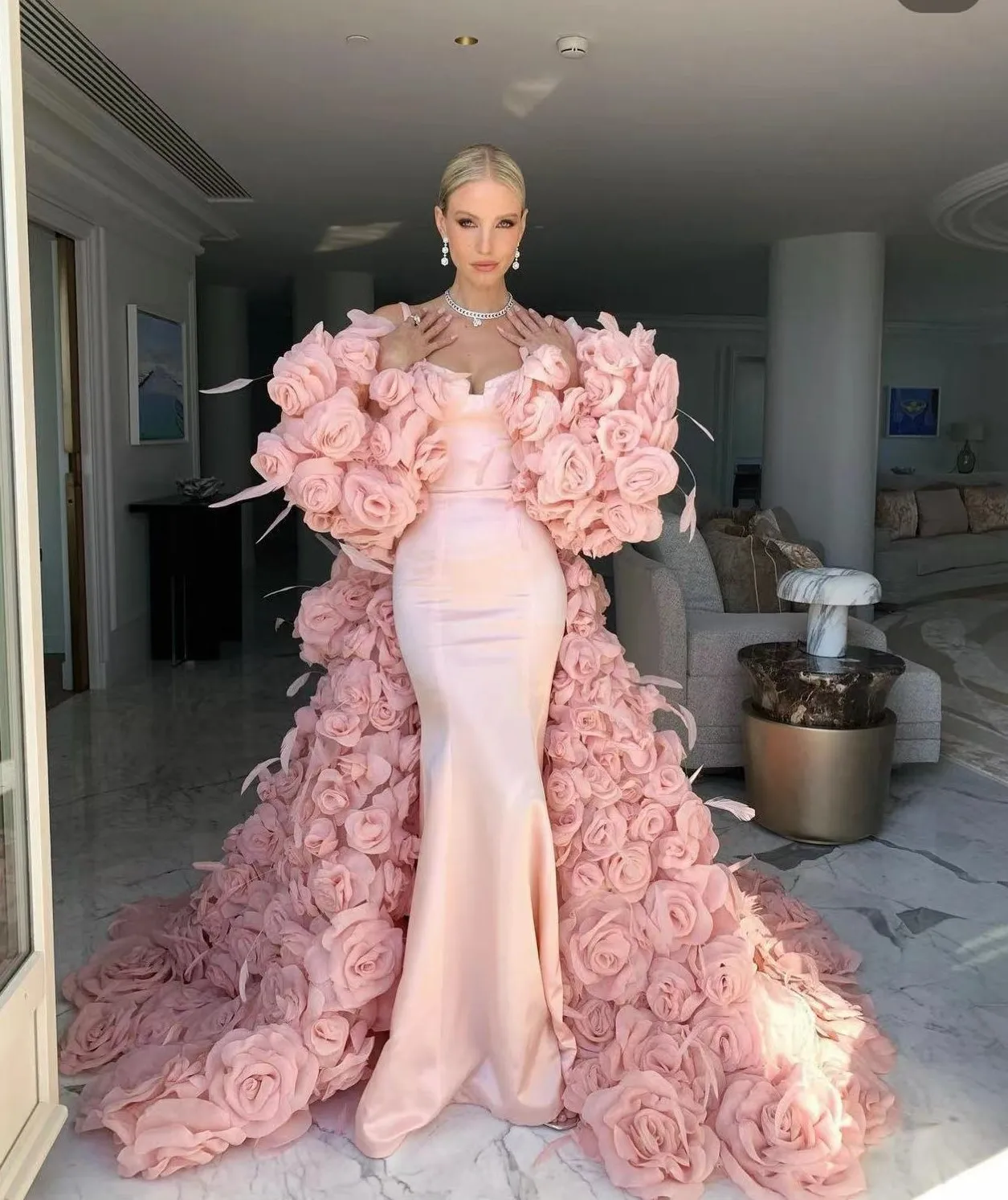 New Arrival Pink Stain Mermaid with Long Flowers Cape فساتين السهرة vestidos de fiesta فساتين سهره evening dresses