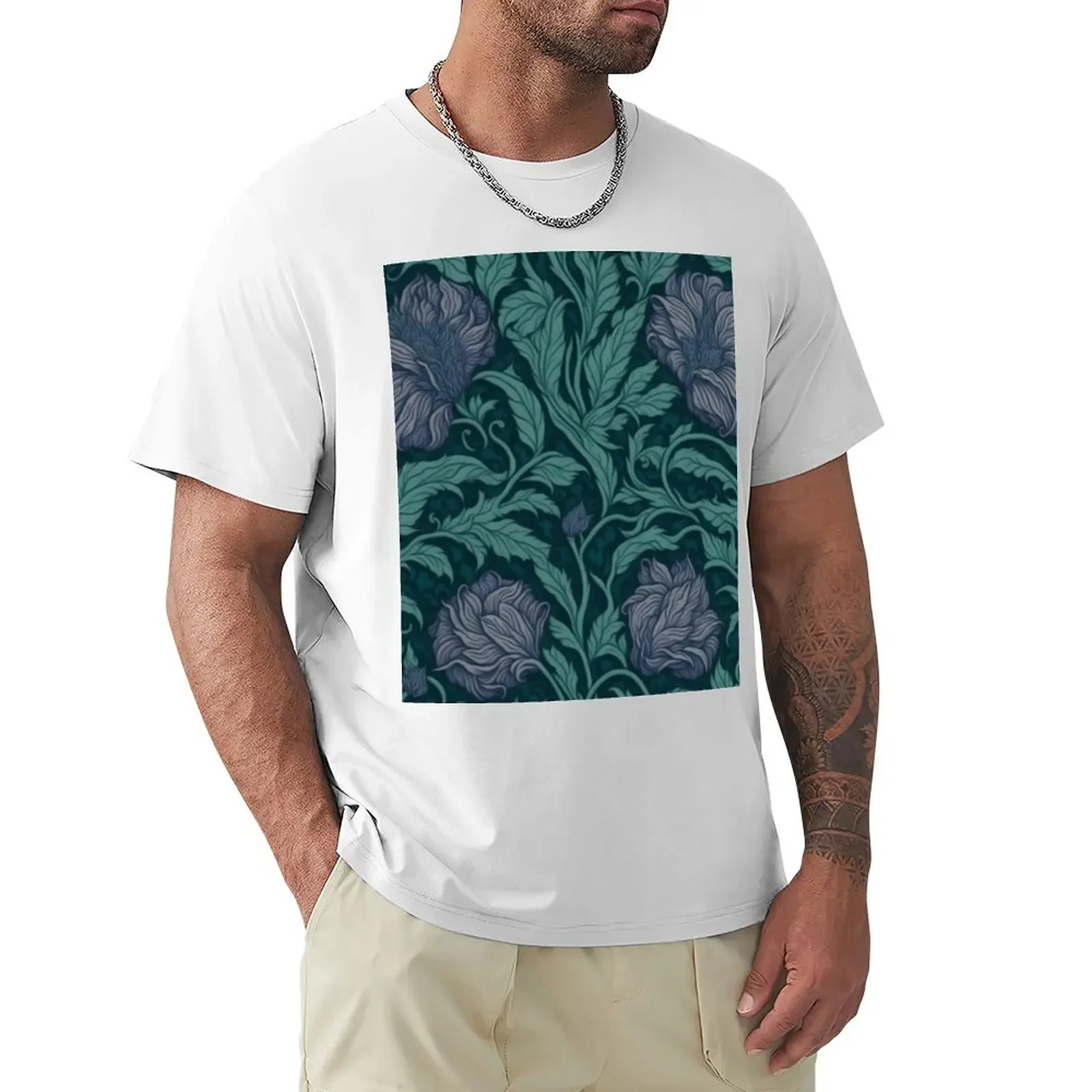 Floral Teal Delight Inspired by William Morris Pimpernel T-Shirt korean fashion graphic shirts shirts men