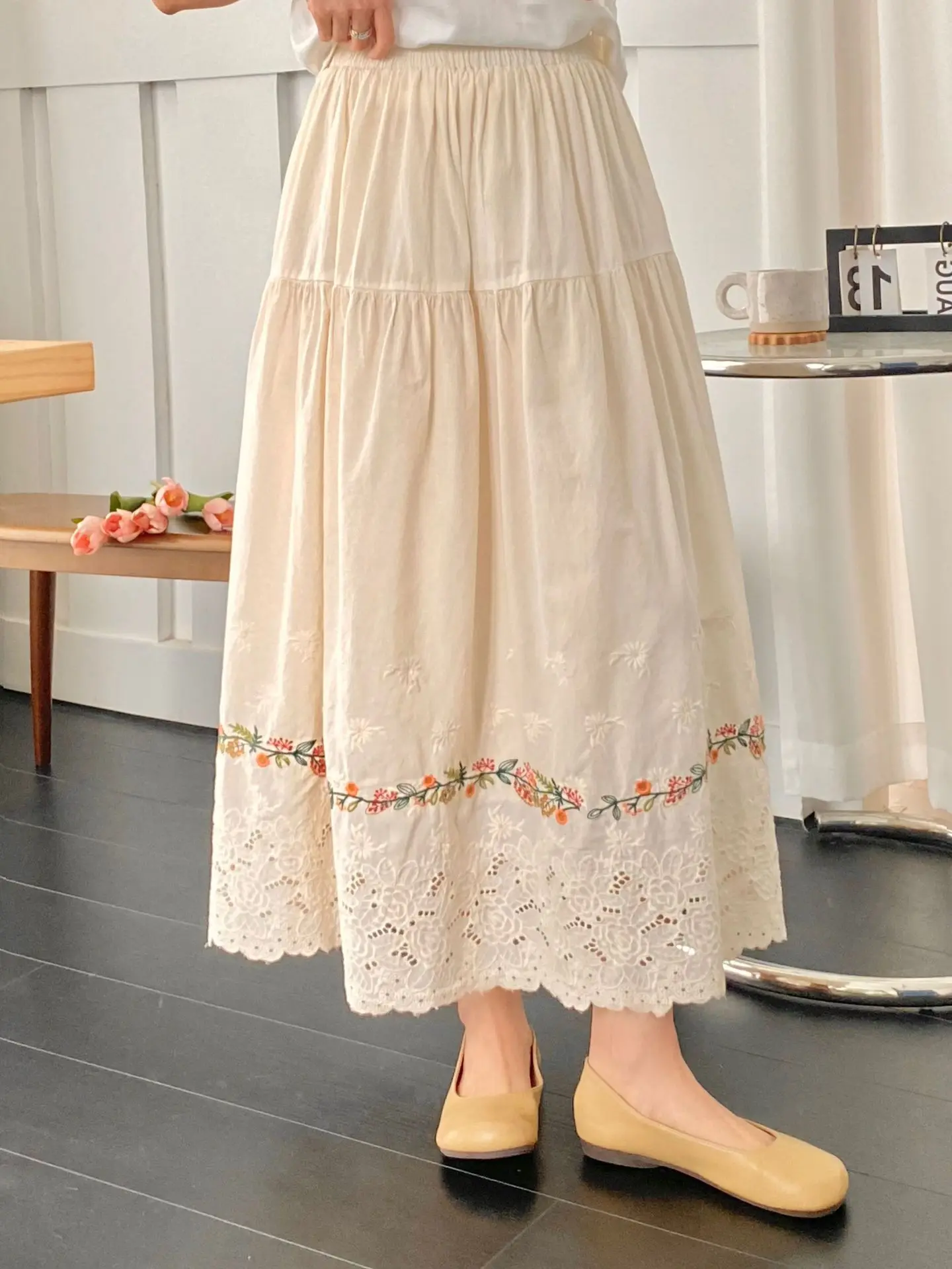 2025 Vintage Bohoกระโปรงผู้หญิงฤดูร้อนเอวยางยืดผ้าฝ้ายBohemianดอกไม้เย็บปักถักร้อยHollow Outกระโปรงยาว