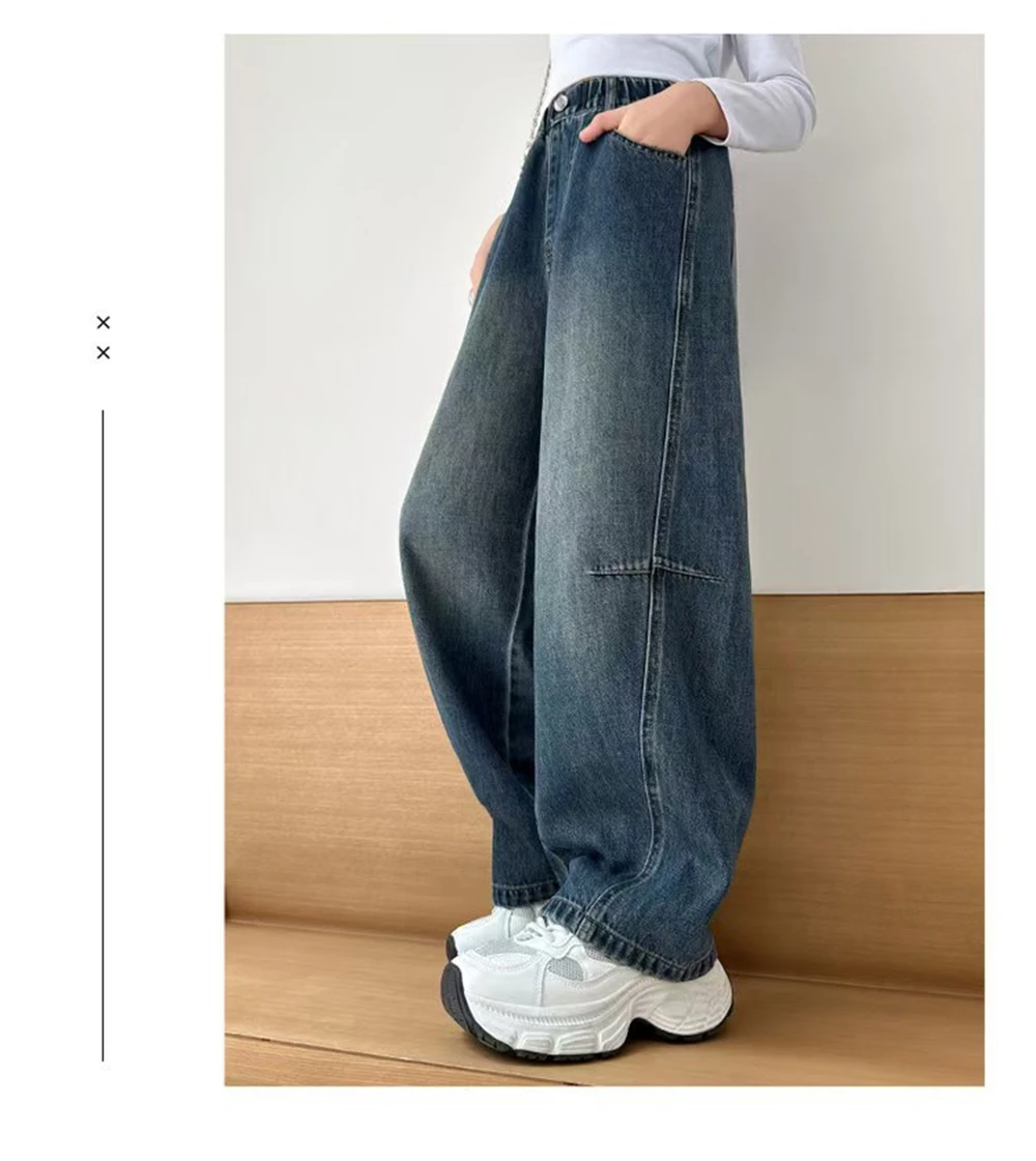 Teen Girl Winter Insulate Curved Knife Jeans Child Vintage Thermal Denim Pants with Fleece Lined Kids Warm Curved Knife Trousers