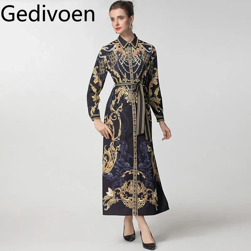 

Gedivoen осенне-зимнее женское платье с отложным воротником, однобортное, на шнуровке, винтажное элегантное платье с длинными рукавами и принтом