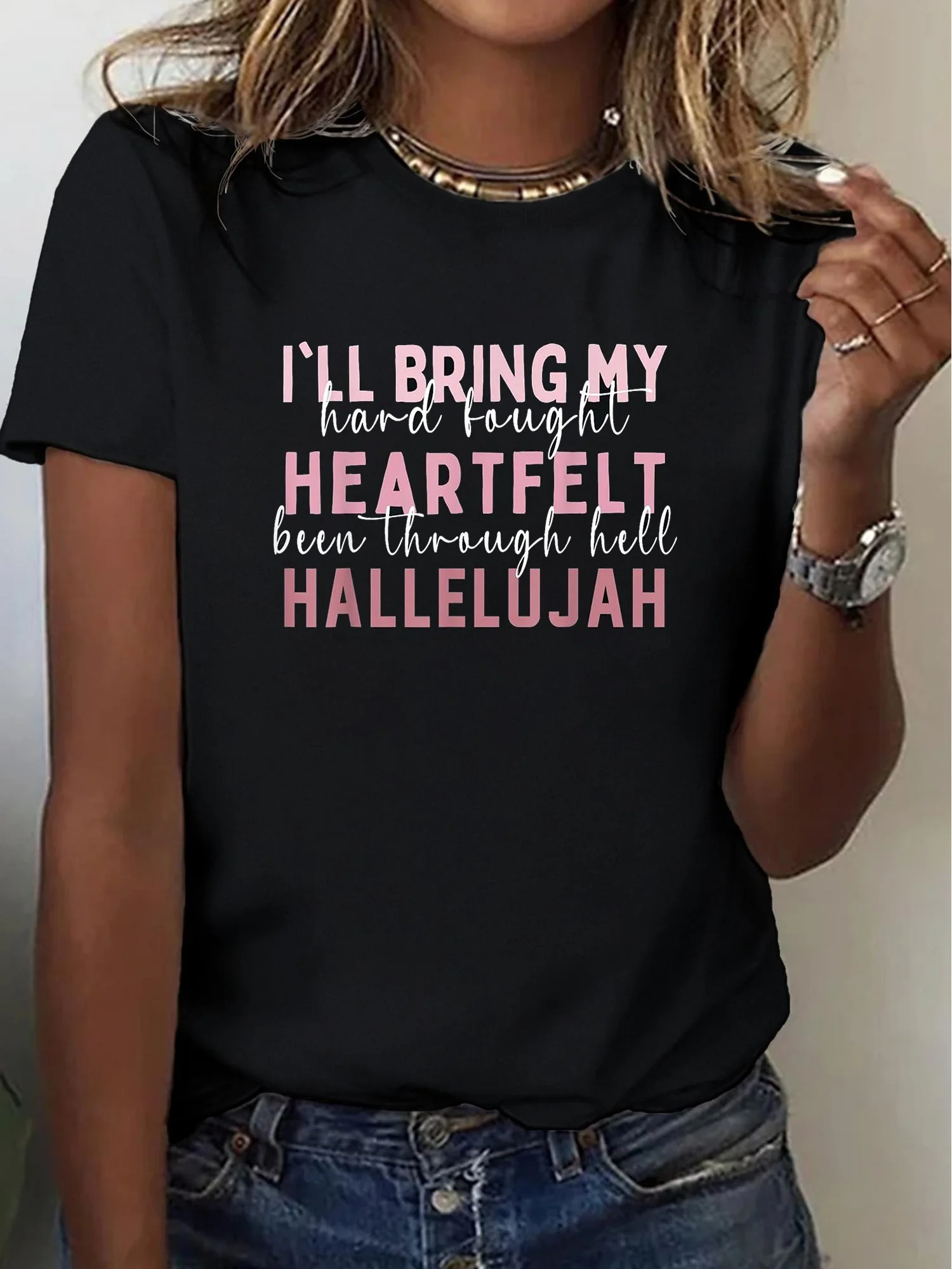 

Jesus Graphic T-Shirt - "I'll Bring My Hard Fought Heartfelt Hallelujah" Design - 100% Lightweight Short Sleeve Crew Neck Tee