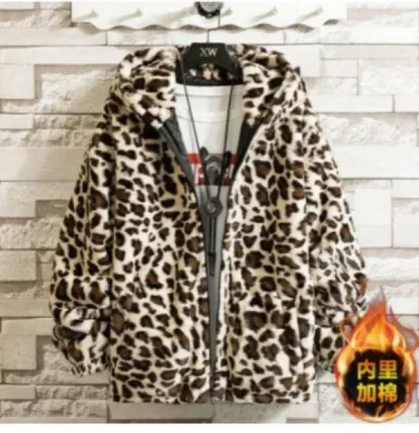 2024 Men\'s Leopard Print Handsome Imitation Mink Hooded Jacket Fleece-Lined Warm