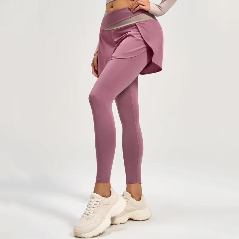 Fake Two-pieces Pocket Yoga Pants for Women High Waisted Hip-lifting Leggings Quick-drying Sports Gym Yoga Wear Training Tights