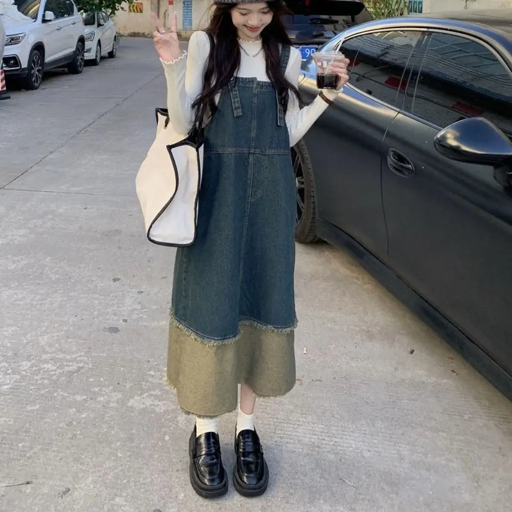 بسيطة المرقعة كاوبوي وزرة فستان بلا أكمام فضفاض الدنيم فستان المرأة ريترو شيك عالية الخصر تنورة طويلة الصيف/الخريف #2