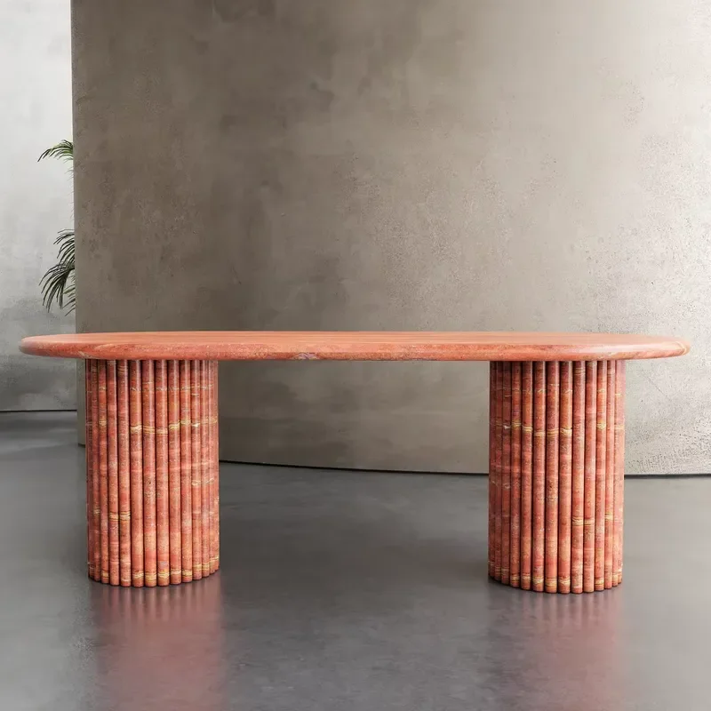 Customized Natural Red Travertine Dining Table Stone Furniture Dining Table Fluted Oval Marble Travertine Dining Table