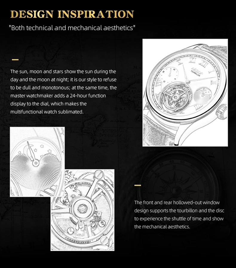 HOT SALE ！ AESOP（manual 7020G）Tourbillon Mechanical Watch Lelaki Kulit Asli Sapphire Glass ，Dial diameter 42.5MM