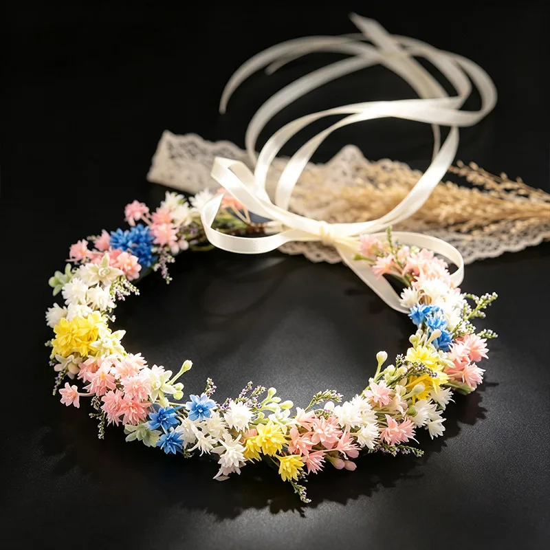 Faux Flower Bride Crown Hairband Soft Pastel Colorful Tiny Floral Greenery Accent for Wedding Photo Shoot Fairy Style