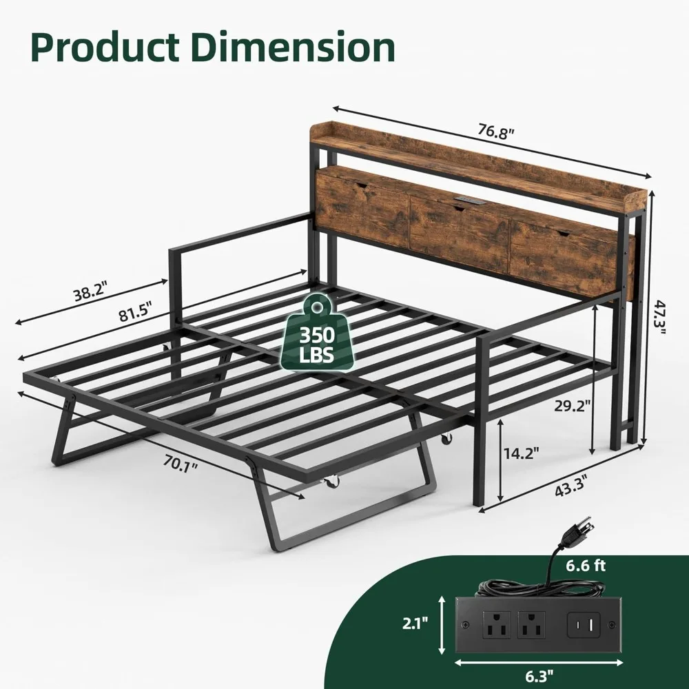 سرير نهاري مزدوج مع دولاب منبثق، سرير نهاري معدني مع قاعدة شحن، أضواء LED ولوح رأسي للتخزين، سرير أريكة مزدوج إلى كينج f #2