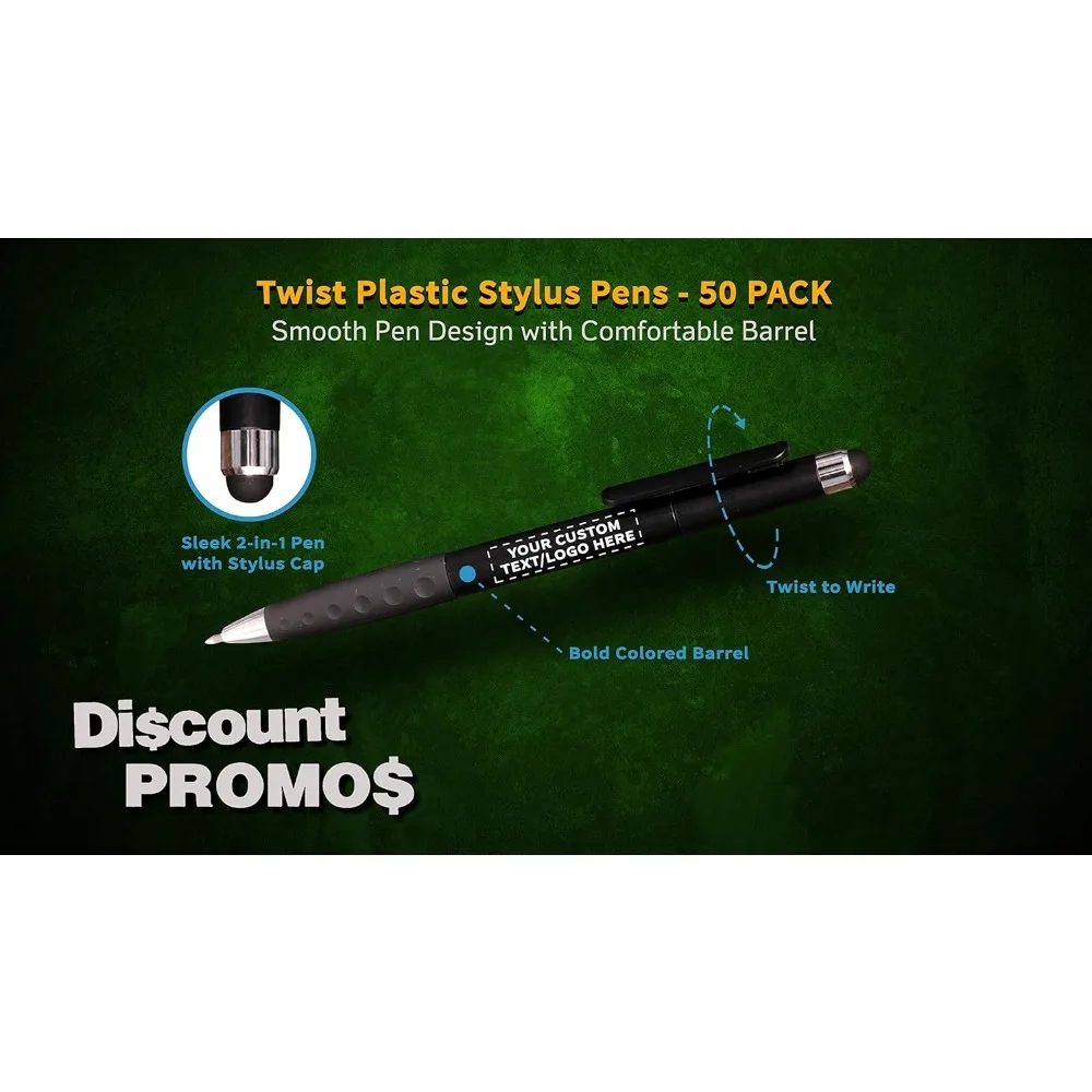 50 عبوة من أقلام القلم البلاستيكية الملتفة القابلة للتخصيص مع نص وشعار شخصي - أسود - مثالية للمناسبات الترويجية