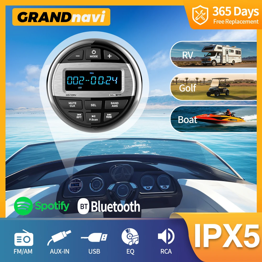 GRANDnavi Marine Stereo Boat Radio Waterproof Bluetooth FM AM Digital Media Audio Player For Yacht Gauge ATV UTV Cart Motorcycle