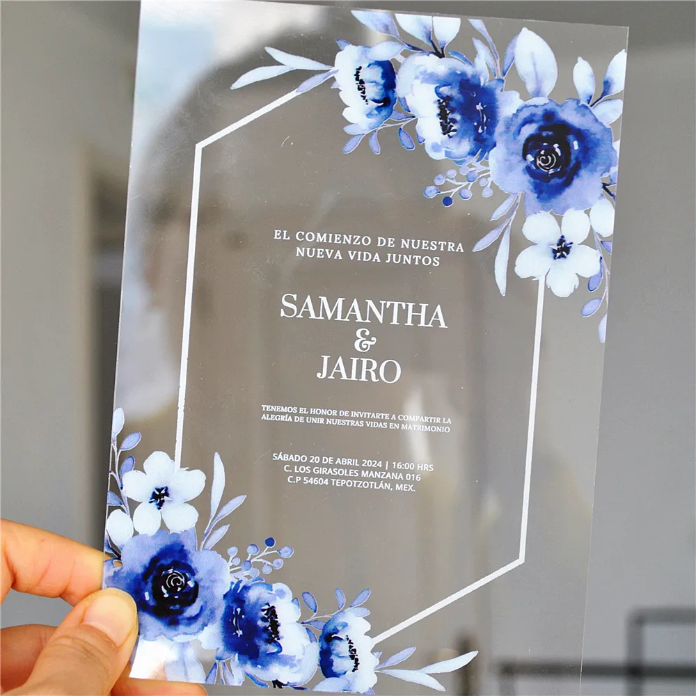 Transparent PVC Wedding Invitation Card with Royal Blue Flower, Personalized Printed, Customized, 0.5mm Thickness, 10Pcs view 4