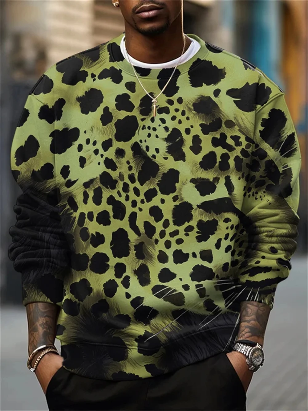 

Fashion Leopard Gradient 3D Pattern Men's Sweatshirts Long Sleeve Print T-Shirt Loose round-neck sweatshirt Men's Clothing Tops