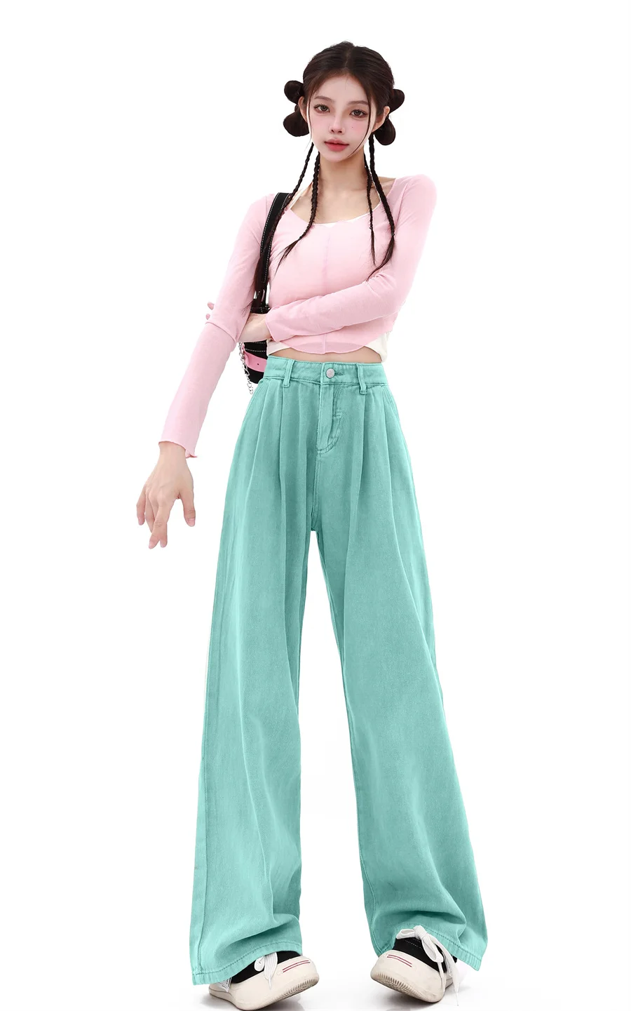 WCFCX STUDIO Autumn New Women Baggy Jeans Korean Straight Wide Leg Denim Pants High Waist Y2K Fashion Green Trousers Streetwear