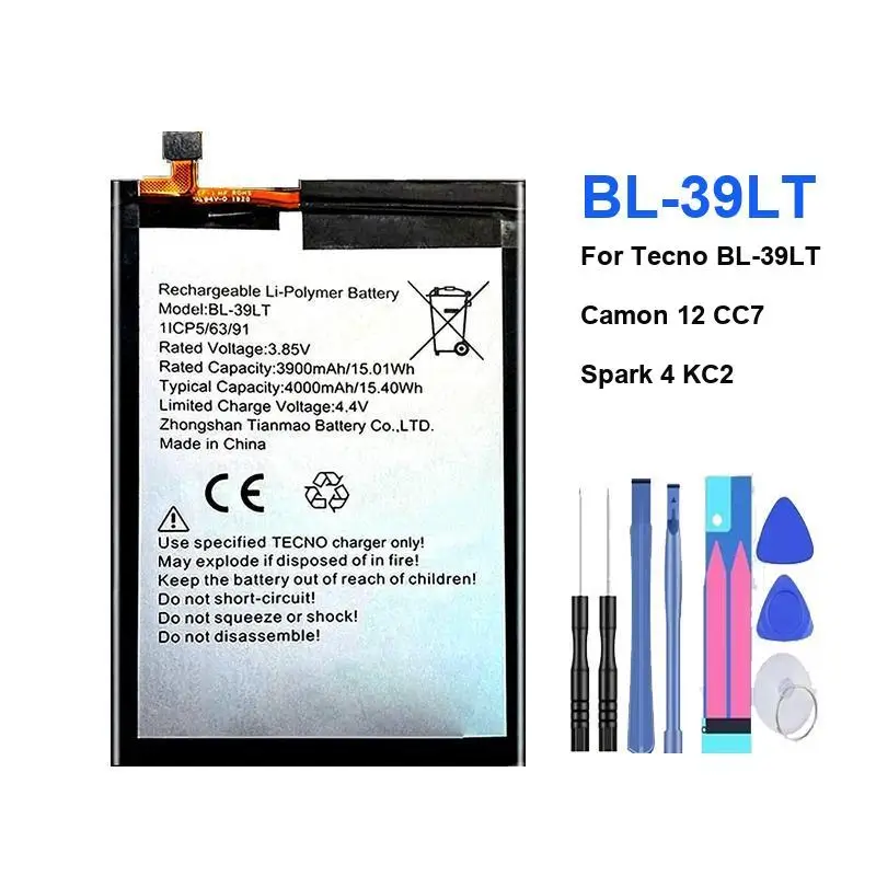 

Mobile Phone Battery Hardwearing 4000Mah For Tecno BL-39LT Camon 12 CC7 Spark 4 KC2