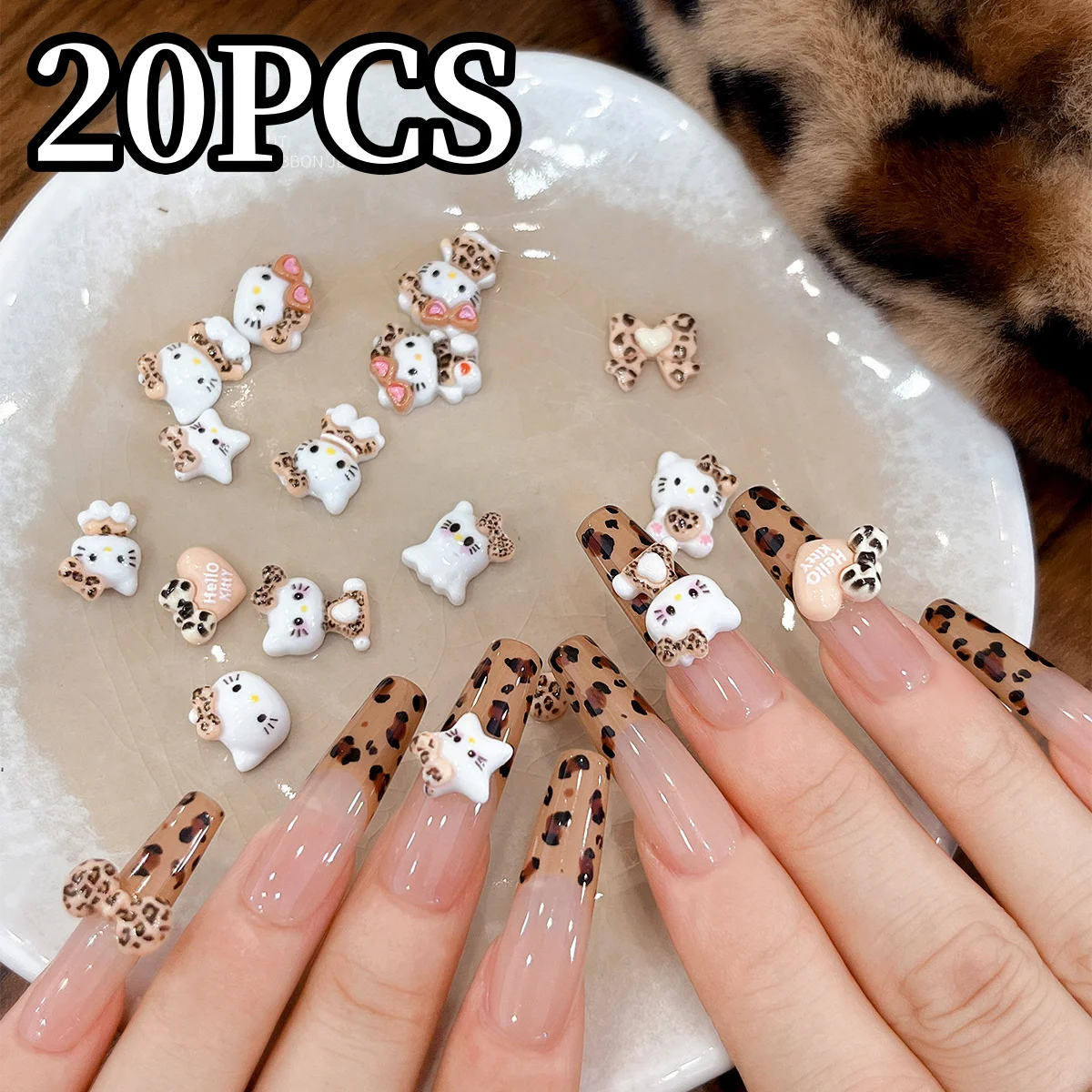 20PCS Sanrio Leopard Print HelloKitty Nail Art Charms 3D Mini Resin Hello Kitty Wearing Nails Decoration Supplies Kids DIY Gifts