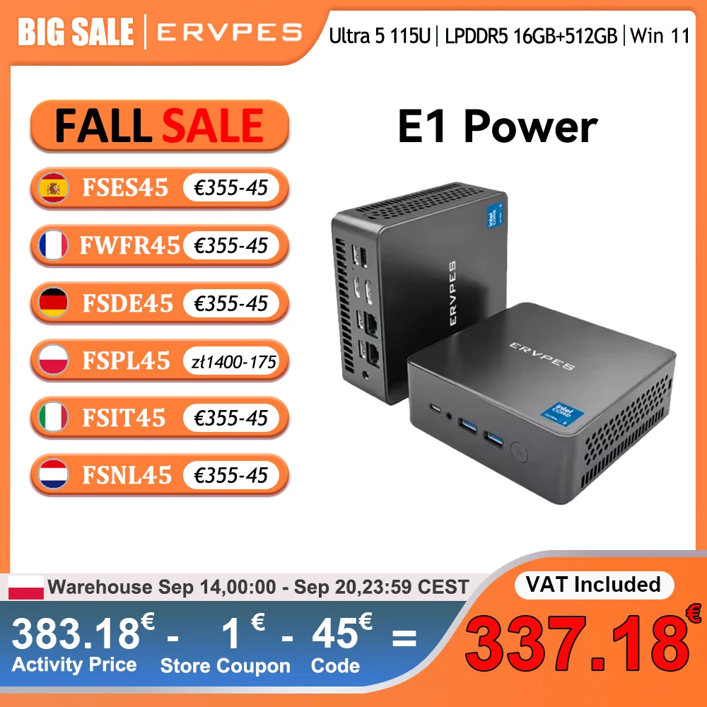 Ervpes E1 Power Mini Pc Intel Core Ultra 5 115U 16Gb Lpddr5 512Gb Nvme Ssd Dubbele 2.5g Lan Wifi6 Bt5.0 Driescherm Ai Computer Windows 11
