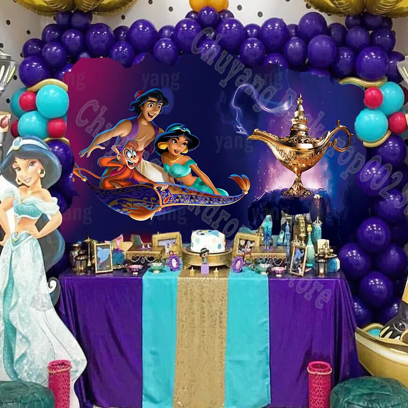 Disney Magic โคมไฟพรม Aladdin จัสมินเจ้าหญิงปราสาทฉากหลังวันเกิด Baby Shower แบนเนอร์การถ่ายภาพ