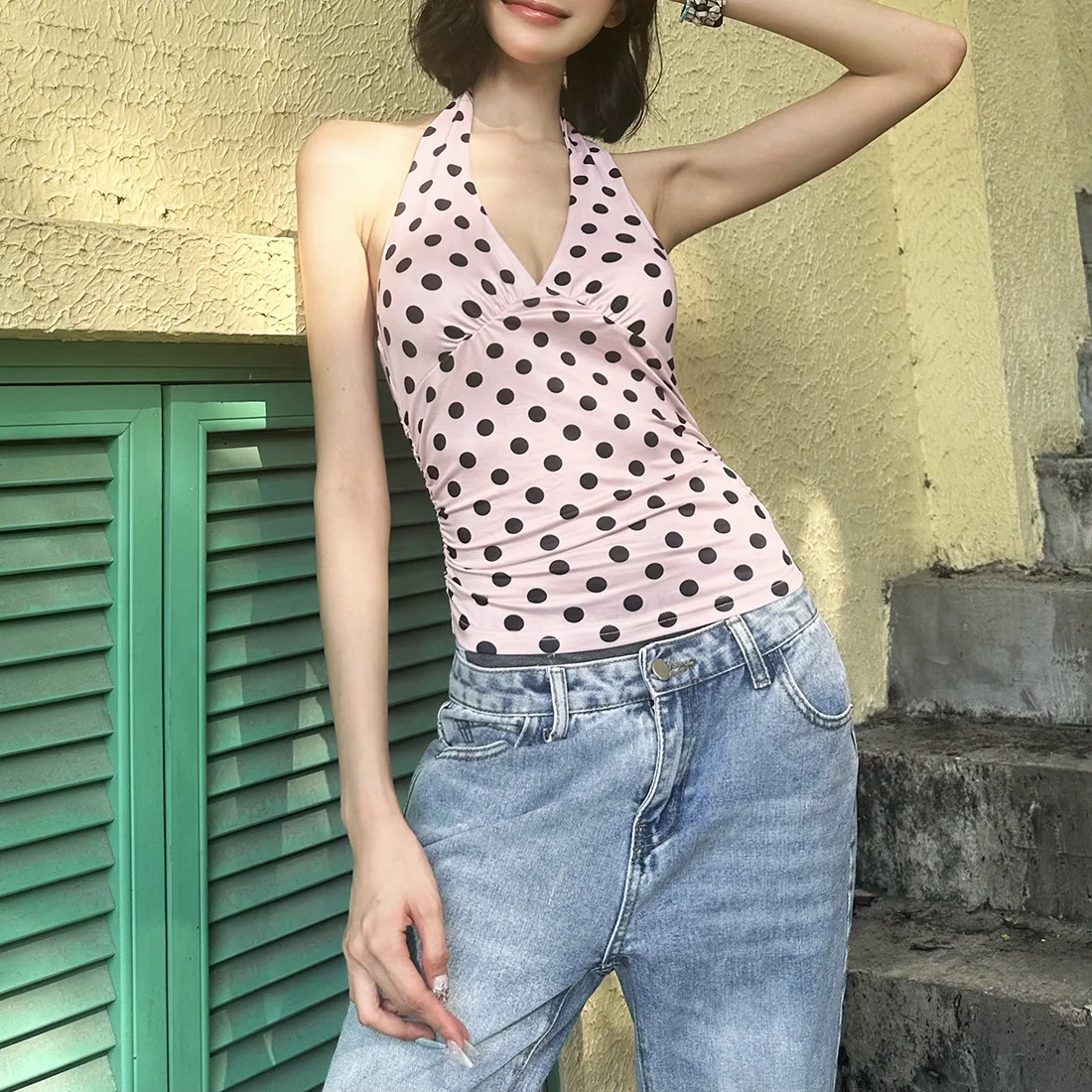 Summer 2025 Women's Fashionable Polka Dot V-Neck Hanging Neck Sweet  Small Vest Cross-Border Style Short Length Polyester