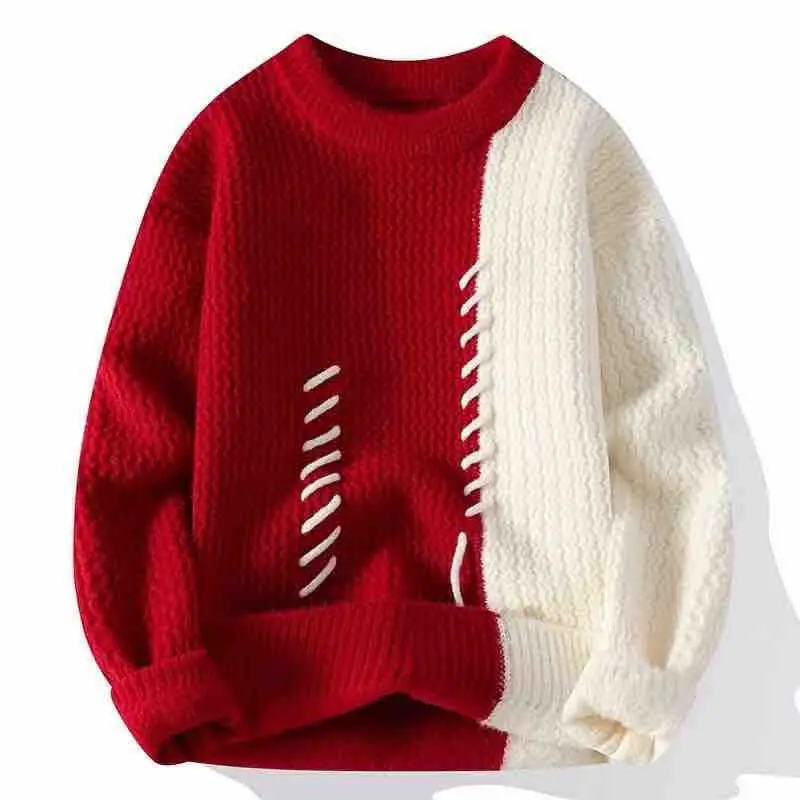 

Autumn/Winter Men's Sweater O-Neck Patchwork Contrast Color Korean Trend Fashion Thicken Warm Pullovers Long Sleeve Knitted Tops