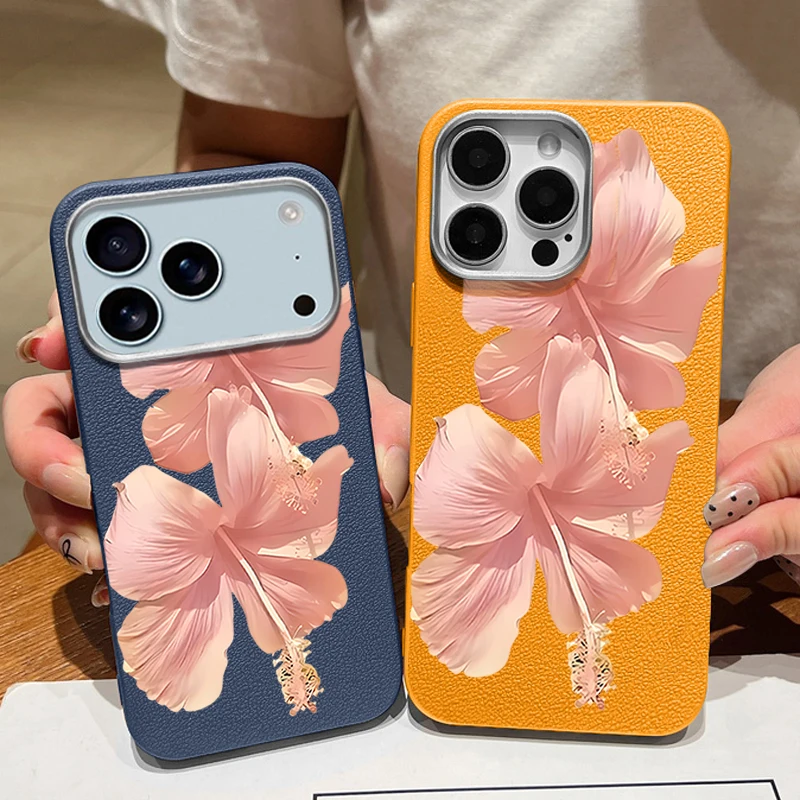 Funda de teléfono TPU con textura de cuero para iPhone 17 16 15 Pro Max 14 15 Plus 13 12 Pro Max 11 Air Pink Flowers Pattern cubierta trasera suave