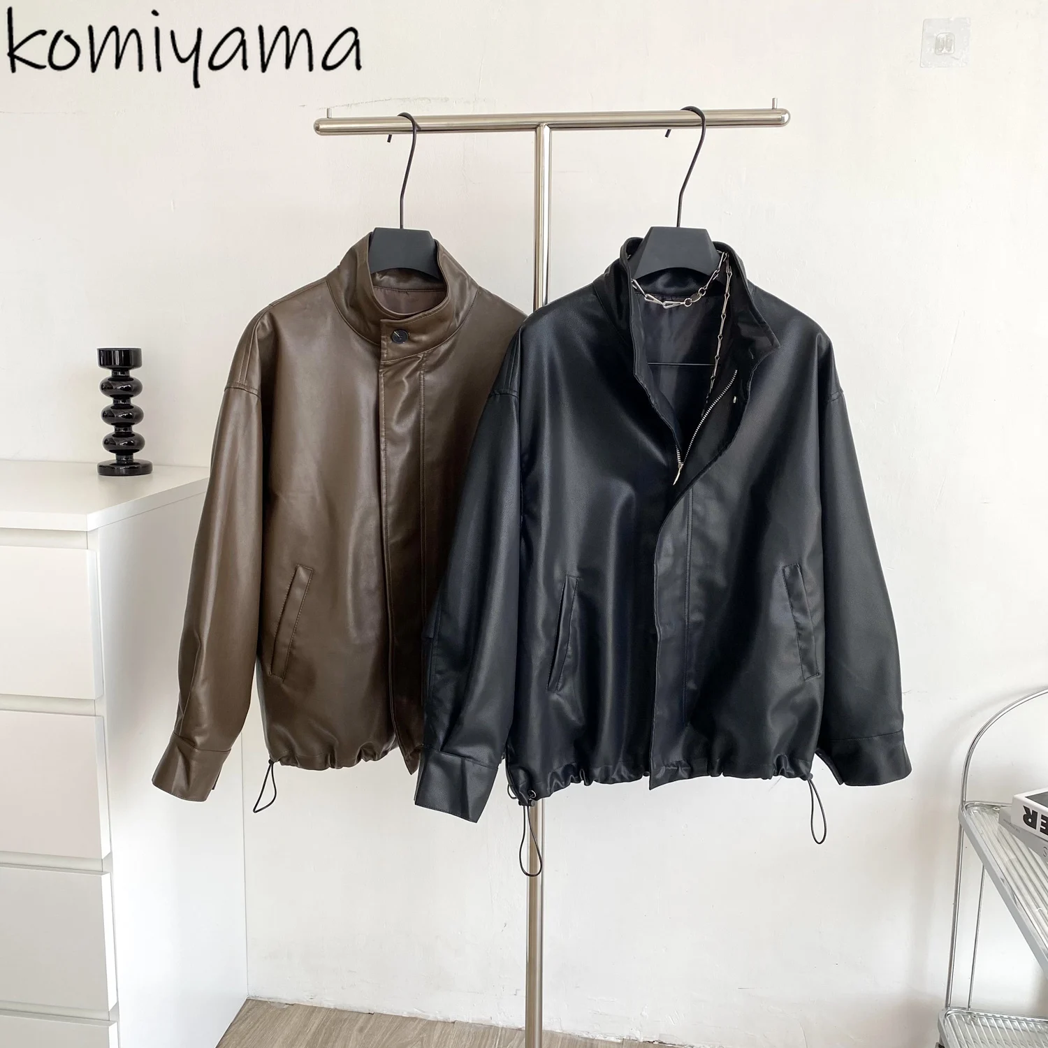 

Drawstring 2025 Casaco Retro Pu Leather Chaquetas De Mujer Loose All-match Jacket Jaqueta Feminina Casual Woman Jackets