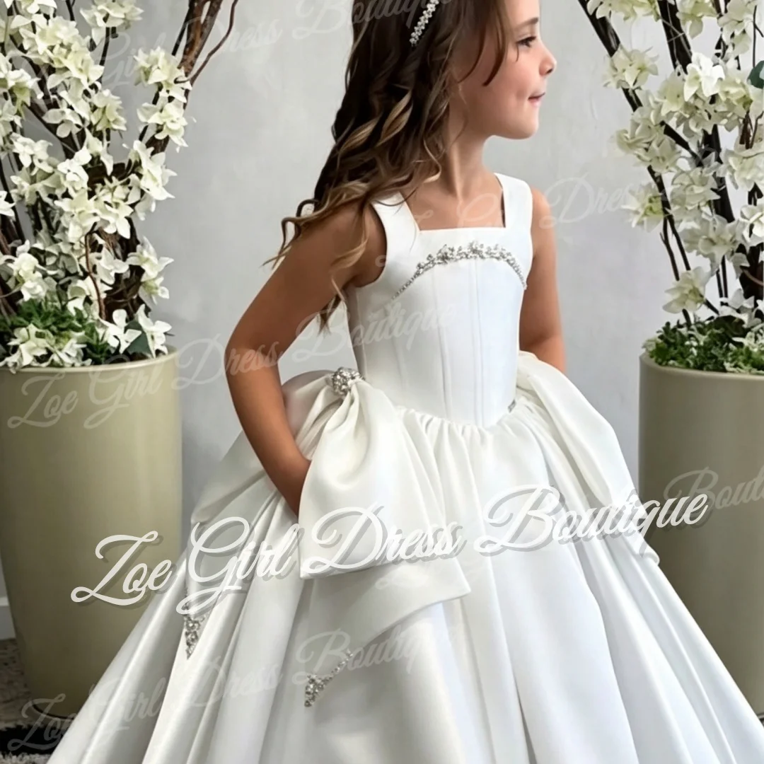 Ivory Satin Square Neck Sleeveless Rhinestone Side Bows Ball Gown Length Flower Girl Dress Kids Evening Party Baptism Customized