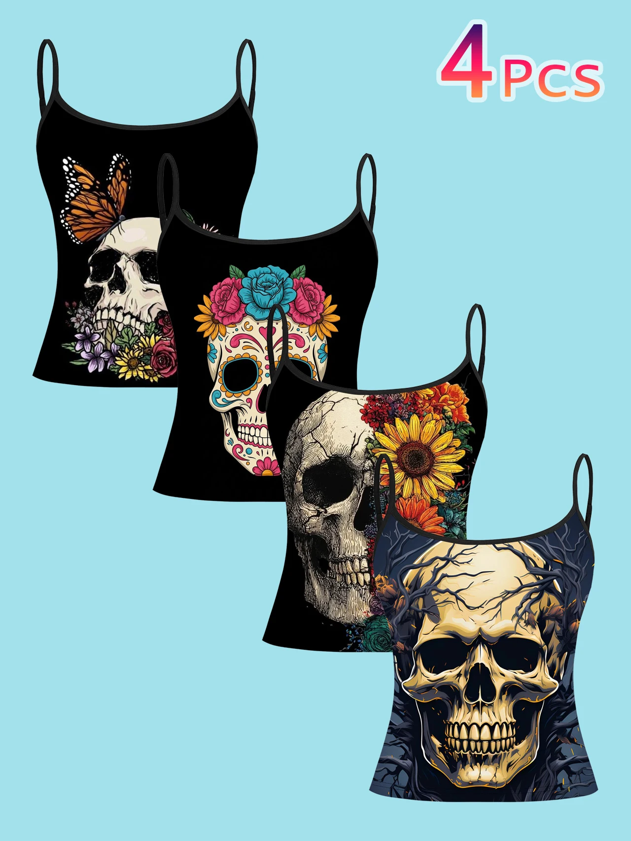 4-Piece Set of Mexican Day of the Dead Painted Skull Women's Camisole Tops with Butterfly, Sunflower, Floral Vine, and Skull Prints, Slim-Fit Spaghetti Strap Short Camisole Tops