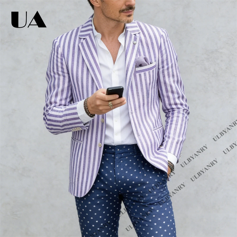 

Lavender White Striped Blazer Men's Slim Fit Single Breasted Jacket Men's Casual Streetwear Stylish Outfit