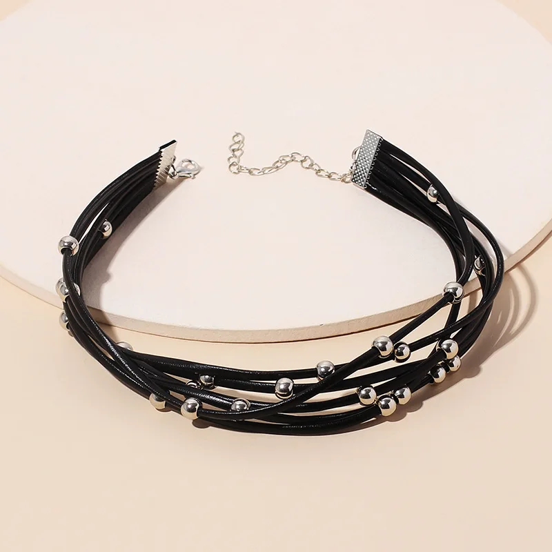 Silver Color Bead Multi -Layer Black Leather  Gothic Necklace  Punk Choker for Women  Y2k Jewelry HUANZHI 2023 NEW