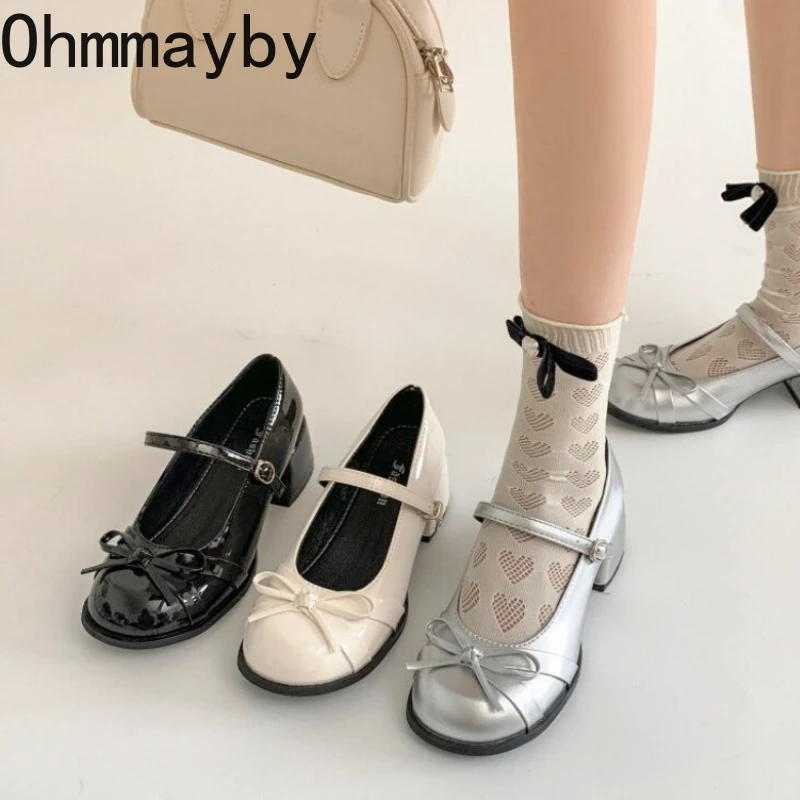 

Винтажные женские туфли Мэри Джейн на толстом каблуке, серебристые, с бантом-бабочкой, весенне-осенние, элегантные, кожаные, для платьев