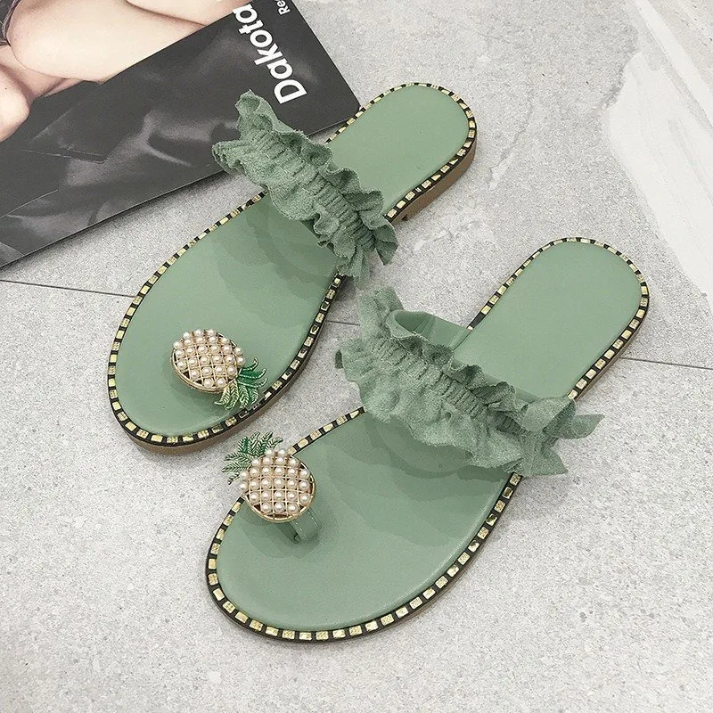2026 New Women Slipper Pineapple Pearl Flat Toe Bohemian Summer Beach Sandals Ladies Shoes Plus Size Mujer