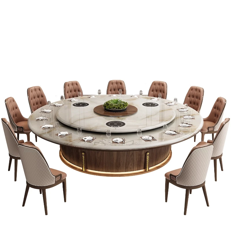 

Hotel electric 3-meter large round table high-end marble supercrystalline stone microcrystalline stone dining table and chairs