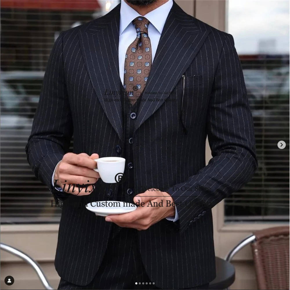 

Black Striped Mens Suits Peak Lapel Business Blazer Slim Fit Wedding Groom Tuxedo Terno Masculino 3 Piece Set Jacket Vest Pants