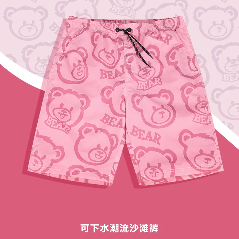 Pink Pig Beach Pants, Men's Seaside Couple Shorts, Swimming Pants, Quick Driable Swine Pig Fragmented Flowers, Casual Pants