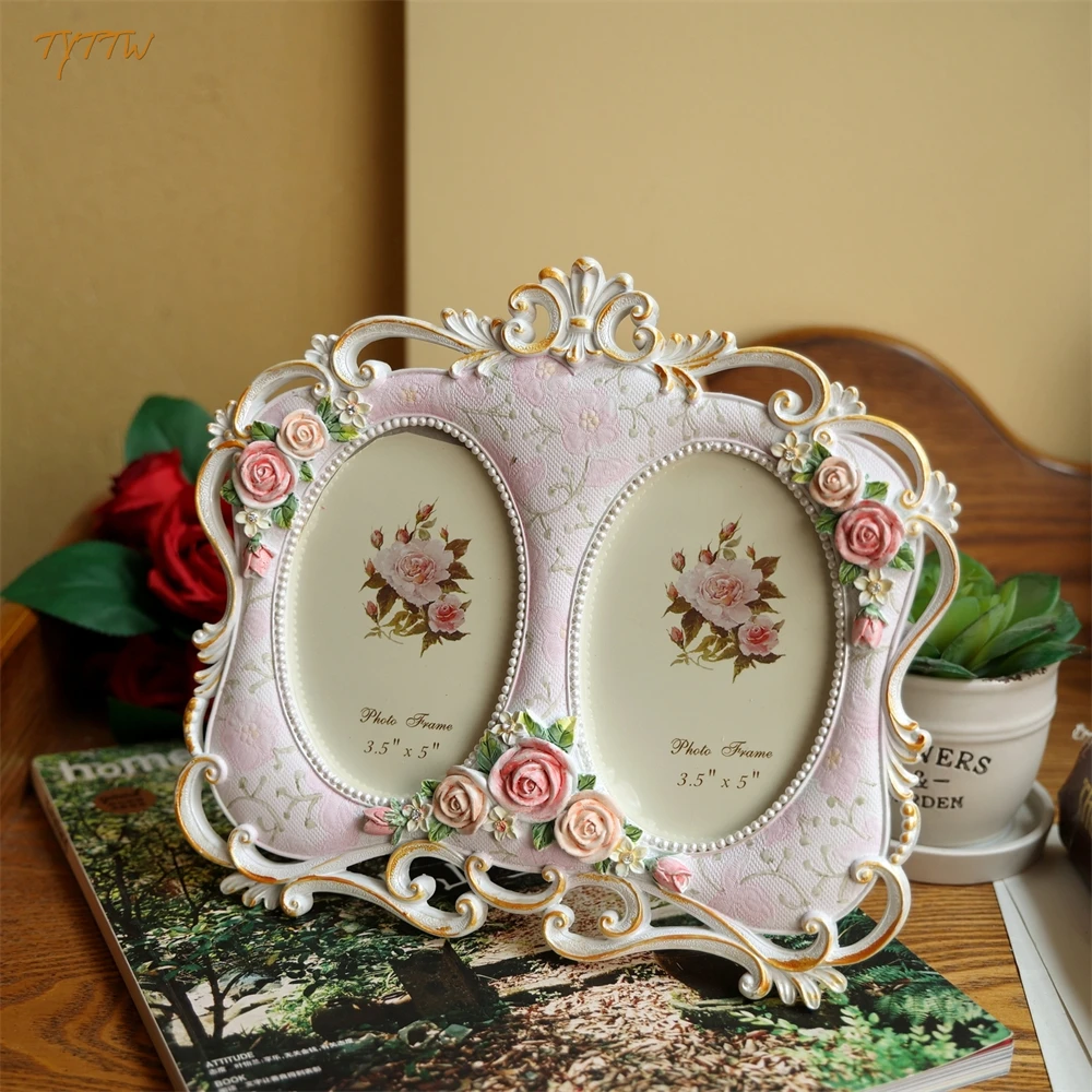 European Style Retro Double Photo Frame Carved Lace Stereo Rose Decoration Wedding Room Decoration Photo Frame Table Gift
