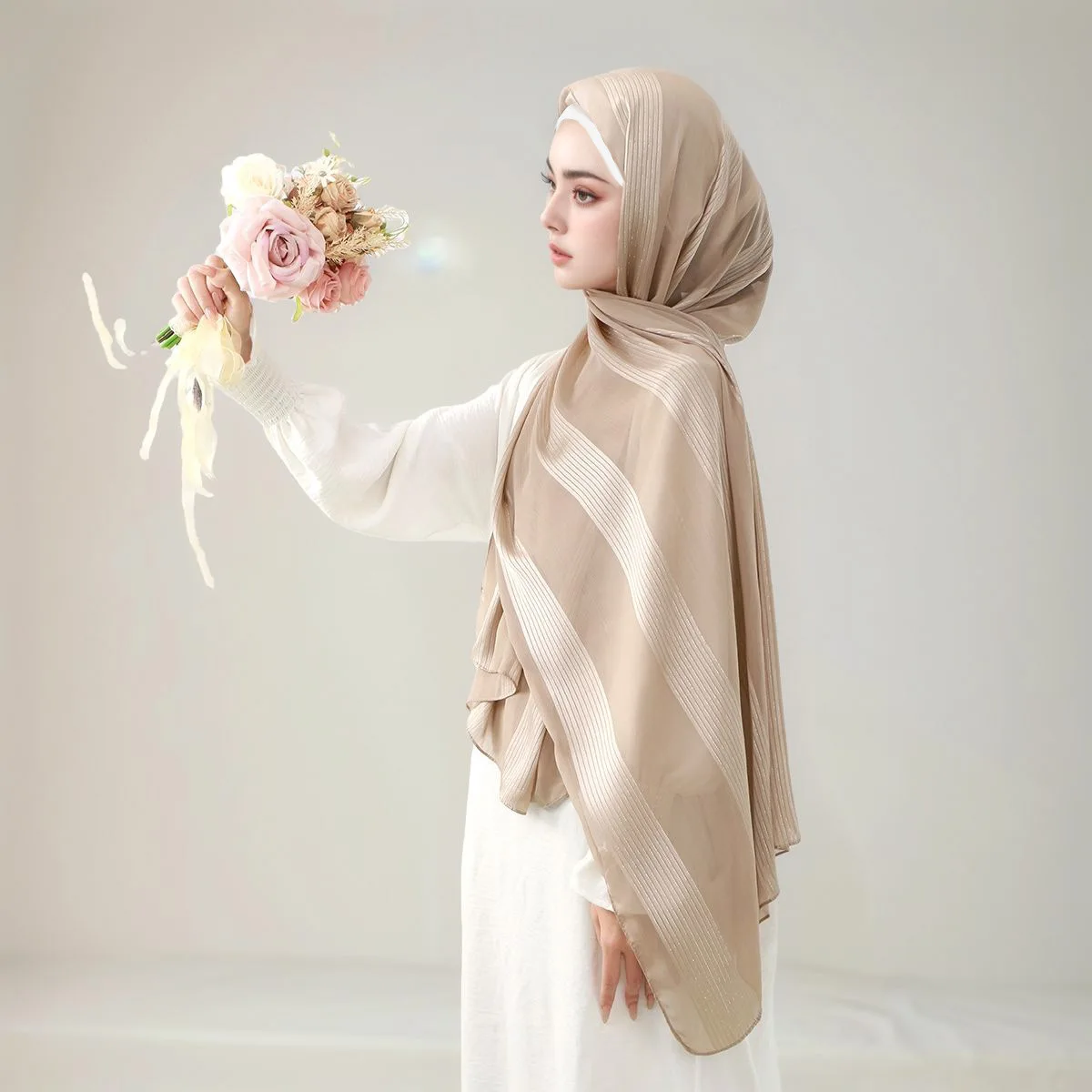 فقاعة اللؤلؤ الشيفون والأوشحة للنساء مسلم الحجاب الشالات الإسلامية دبي وشاح طويل شال التفاف عمامة عصابات عقال Bufanda #2