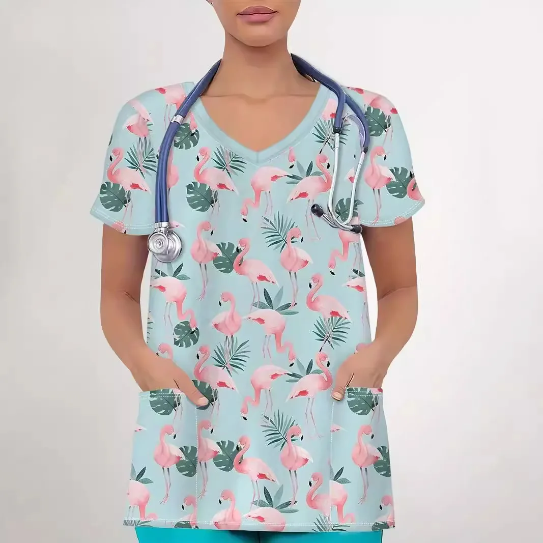 Ladies' slim fit short sleeved T-shirt protective work uniform, fresh green plant red crowned crane 3D printed nurse uniform