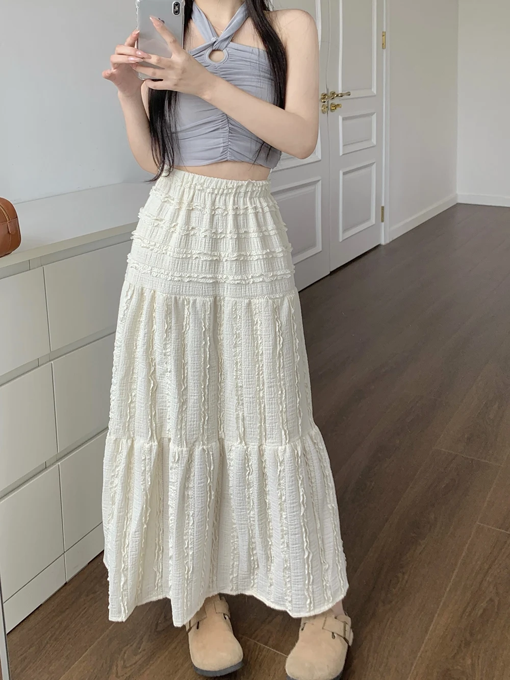 

Женская юбка-миди больших размеров с кружевом и оборками, А-силуэт, весенняя новинка, утягивающая, с высокой талией, модная