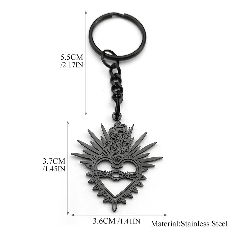 Flaming Sacred Heart Charms Dornen Heiliges Herz Schlüsselanhänger für Frauen Männer Edelstahl Schwarz Glaube Hohl Schlüsselanhänger Schmuck – Detail 2