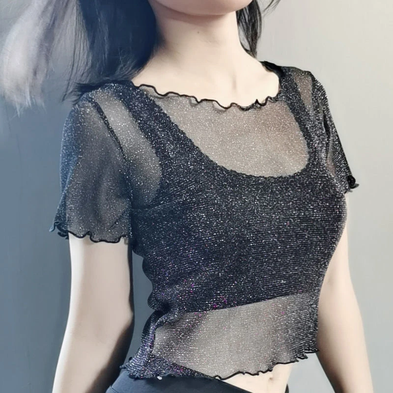 

Perspective Sexy Mesh Crop Top Slim Shiny Short Sleeves Glitter Sheer T-shirt Female Party Nightclub Streetwear