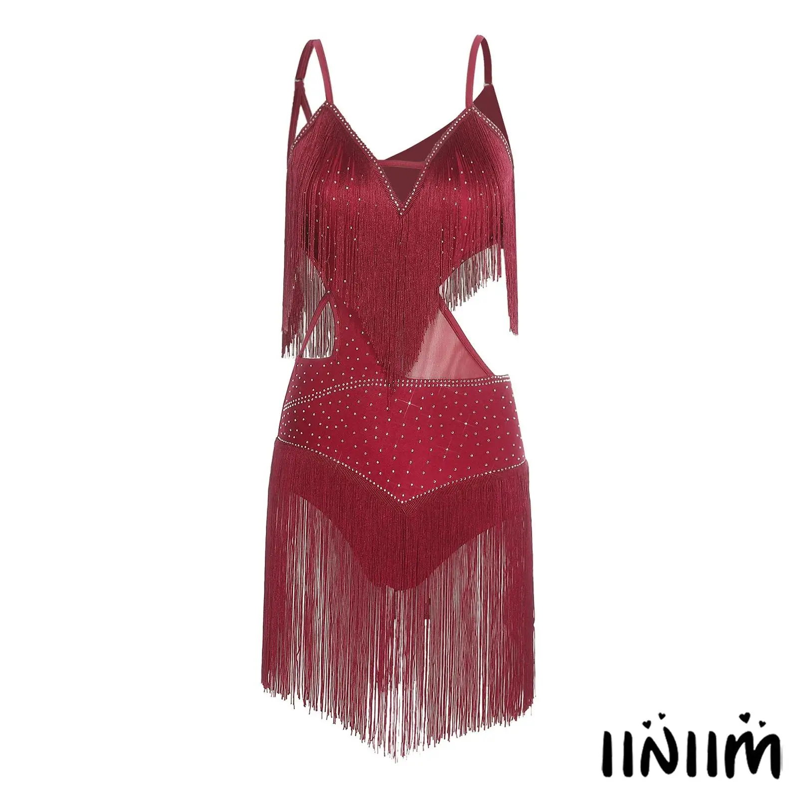 

Elegant Womens Latin Cha-cha Dance Costume Shiny Rhinestone V Neck Backless Sling Bodysuit Dress for Rumba Salsa Tango Dancewear
