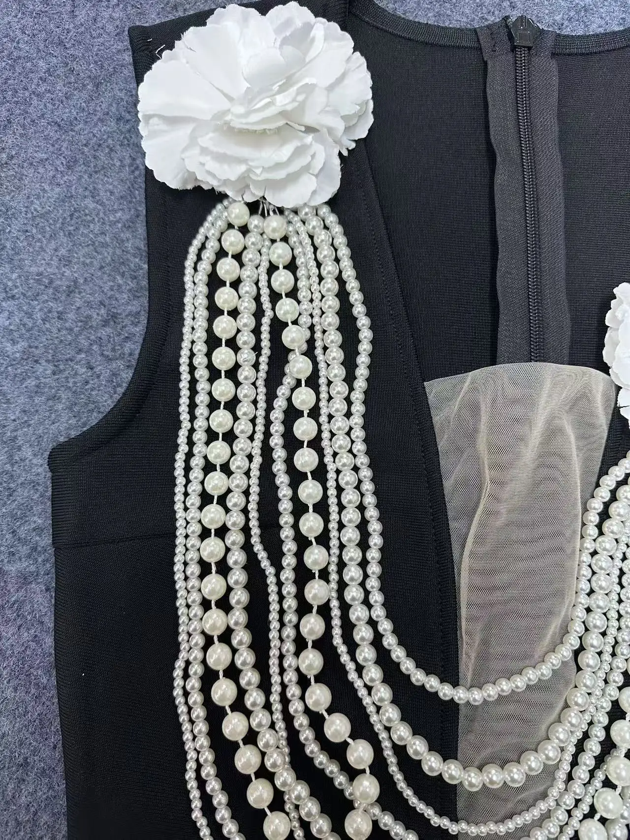 Luxury Pearl Chain Flower Slim Dresses Spring Women Sleeveless V Neck Split Dress Summer High Waist Zipper Ankle Length Dress