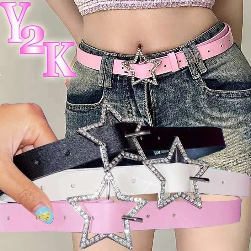 Y2K Star Belt Rhinestone Metal Buckle for Girls' Millennium Ins Fashion Pink Leather Jeans American Retro Waistband Bride Decor