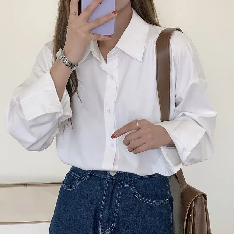 

Белые рубашки женские универсальные офисные женские повседневные весенние рубашки в корейском стиле свободного покроя темпераментные модные базовые Ins винтажные Ulzzang Chic
