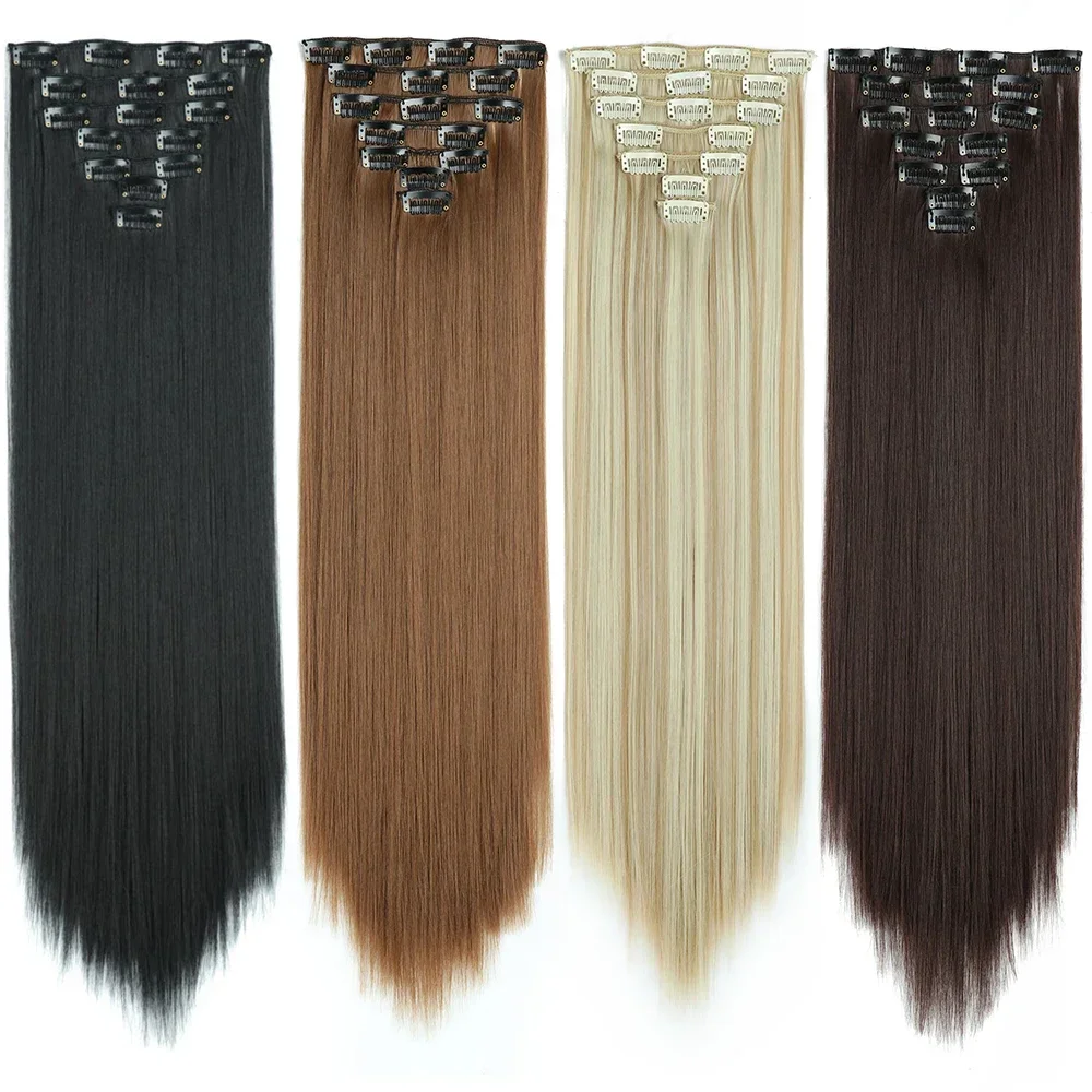 Extensões longas do cabelo reto, penteado sintético, louro, hairpieces pretos, resistente ao calor, cabelo falso, 16 clipes, 22"