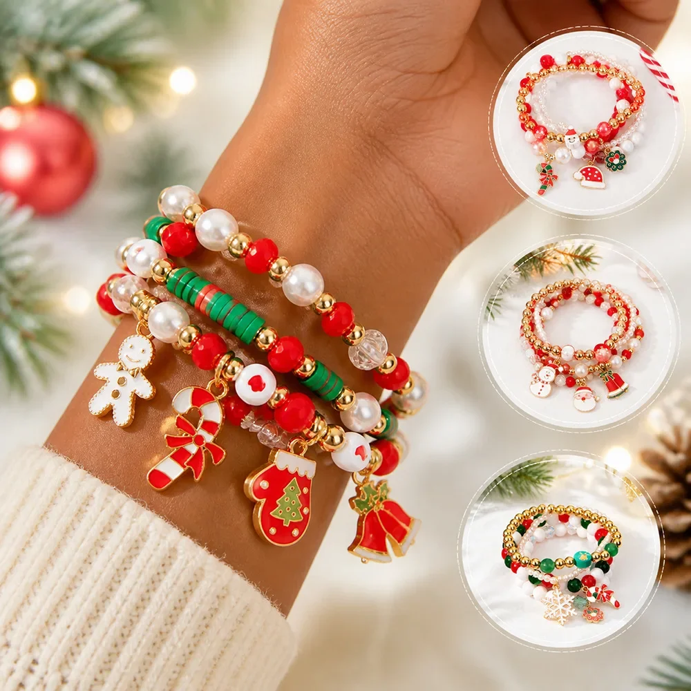 3 Pcs Christmas Beaded Charm Bracelet Xmas Gingerbread Man Candy Cane Enamel Pendant Bracelet Holiday Party Jewelry Gift