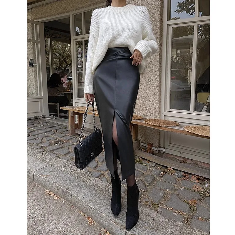 Slit Leather Skirt, Skirt, Women's 2025 Autumn/winter New High-waisted Royal Sister Hip Skirt, Small Temperament Long Skirt
